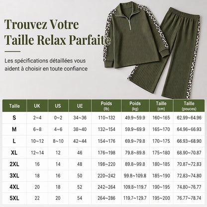 Ensemble de vêtements de détente en maille côtelée pour femme, composé d'un pull à col zippé et d'un pantalon à jambe large, avec des panneaux décoratifs à imprimé léopard