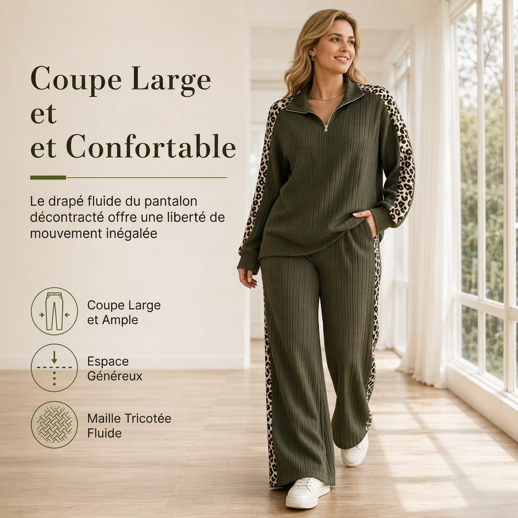 Ensemble de vêtements de détente en maille côtelée pour femme, composé d'un pull à col zippé et d'un pantalon à jambe large, avec des panneaux décoratifs à imprimé léopard