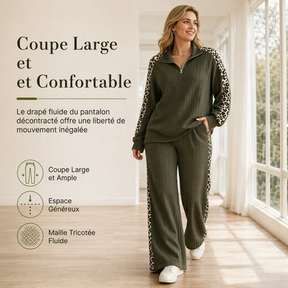 Ensemble de vêtements de détente en maille côtelée pour femme, composé d'un pull à col zippé et d'un pantalon à jambe large, avec des panneaux décoratifs à imprimé léopard