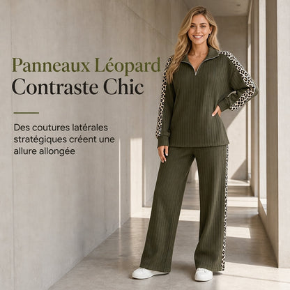 Ensemble de vêtements de détente en maille côtelée pour femme, composé d'un pull à col zippé et d'un pantalon à jambe large, avec des panneaux décoratifs à imprimé léopard