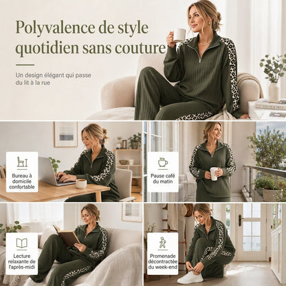 Ensemble de vêtements de détente en maille côtelée pour femme, composé d'un pull à col zippé et d'un pantalon à jambe large, avec des panneaux décoratifs à imprimé léopard