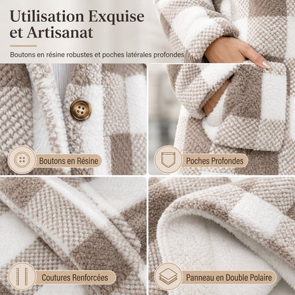 Manteau à capuche en fausse fourrure tissée à carreaux à manches longues pour femme