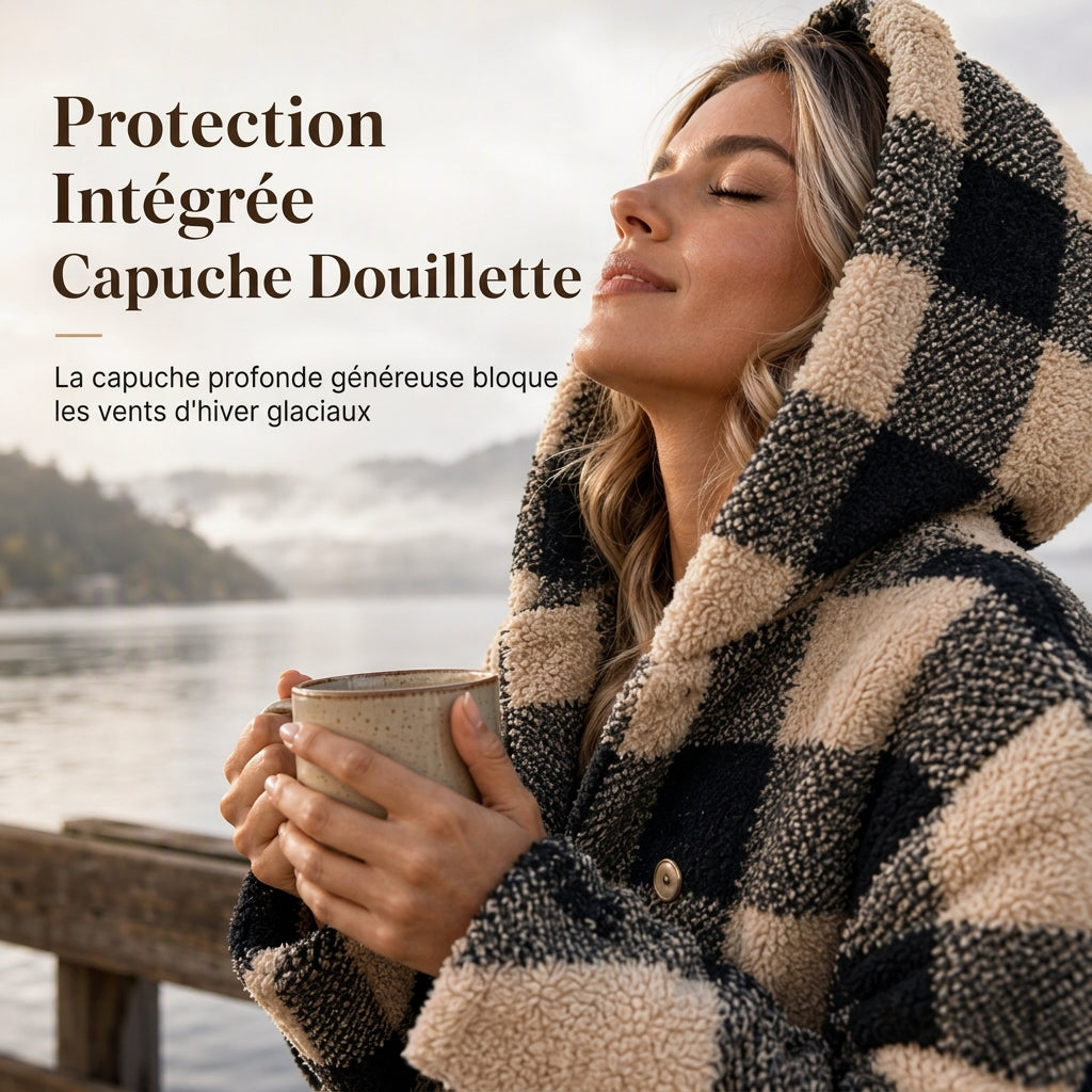 Manteau à capuche en fausse fourrure tissée à carreaux à manches longues pour femme