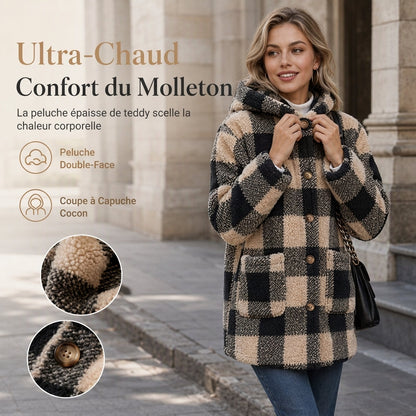 Manteau à capuche en fausse fourrure tissée à carreaux à manches longues pour femme