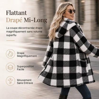 Manteau à capuche en fausse fourrure tissée à carreaux à manches longues pour femme