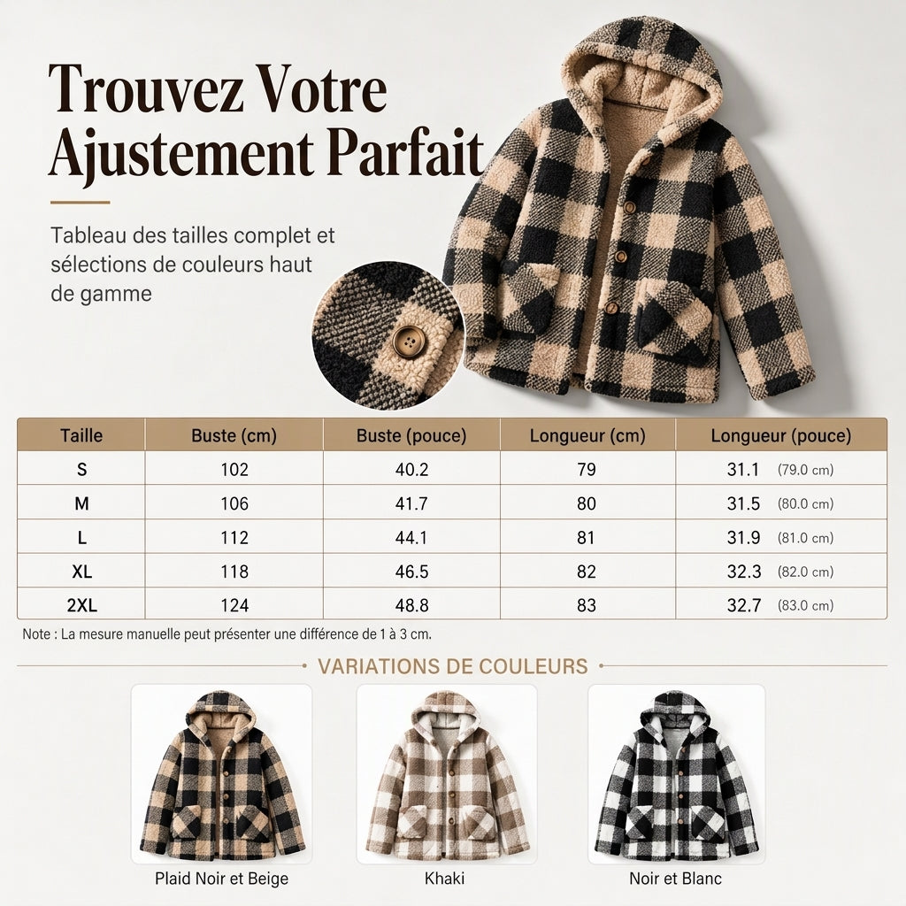 Manteau à capuche en fausse fourrure tissée à carreaux à manches longues pour femme
