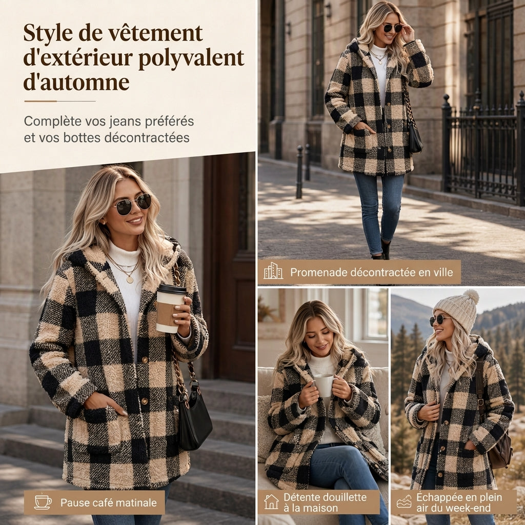 Manteau à capuche en fausse fourrure tissée à carreaux à manches longues pour femme