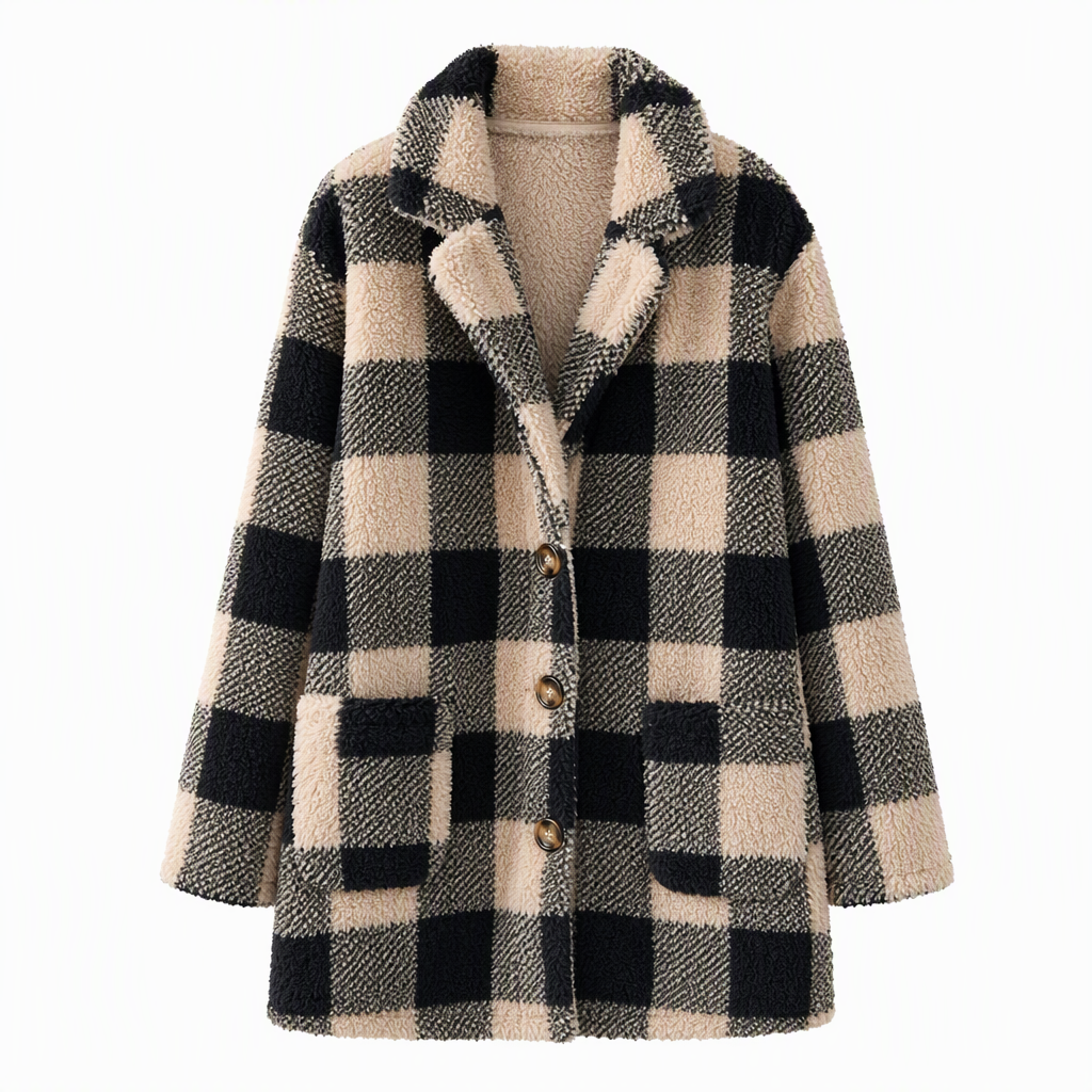 Manteau à capuche en fausse fourrure tissée à carreaux à manches longues pour femme