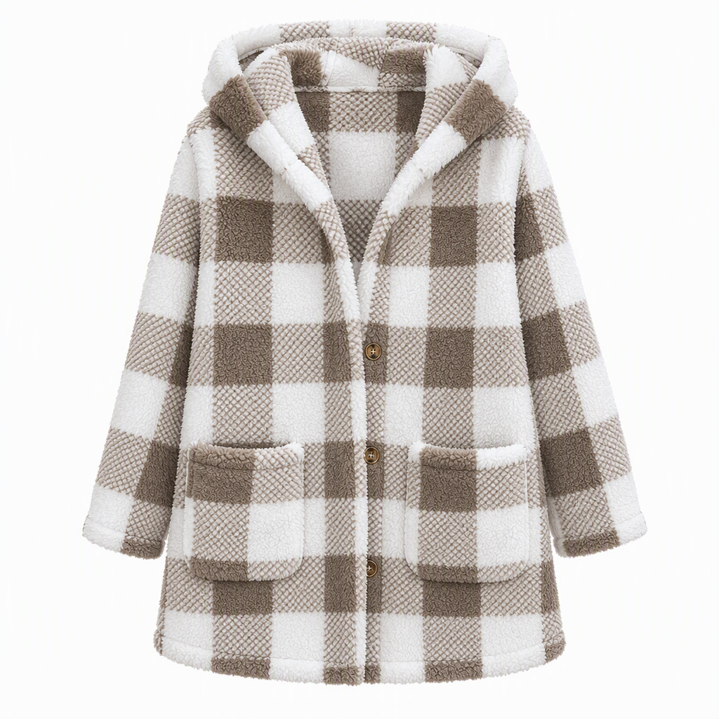 Manteau à capuche en fausse fourrure tissée à carreaux à manches longues pour femme