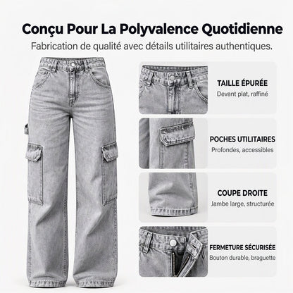 Pantalon cargo en denim stretch taille haute pour femme