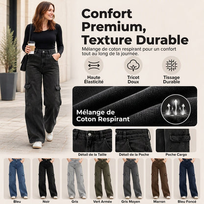 Pantalon cargo en denim stretch taille haute pour femme
