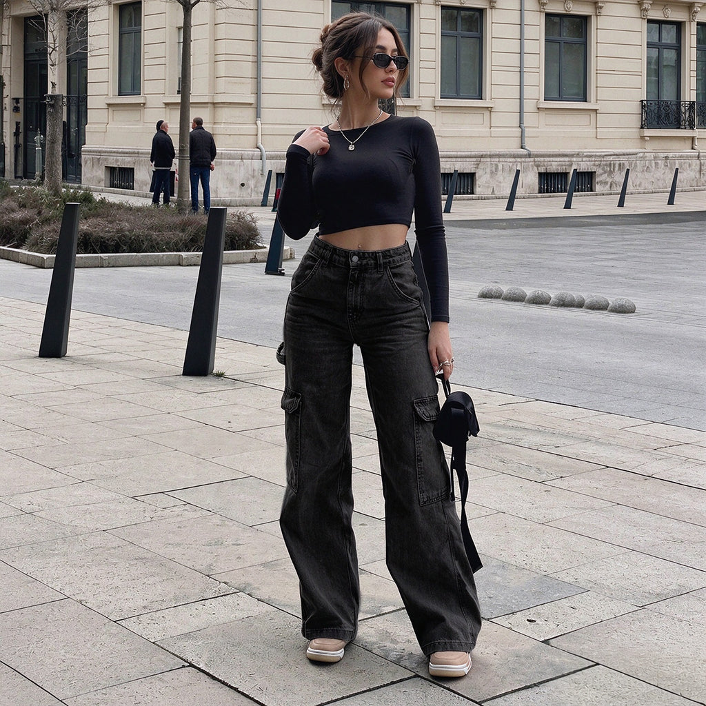Pantalon cargo en denim stretch taille haute pour femme