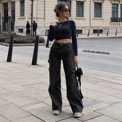 Pantalon cargo en denim stretch taille haute pour femme