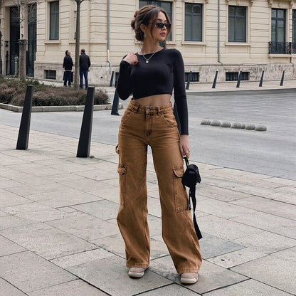 Pantalon cargo en denim stretch taille haute pour femme