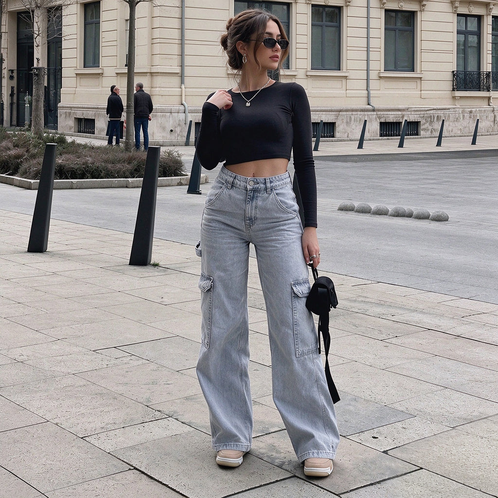 Pantalon cargo en denim stretch taille haute pour femme