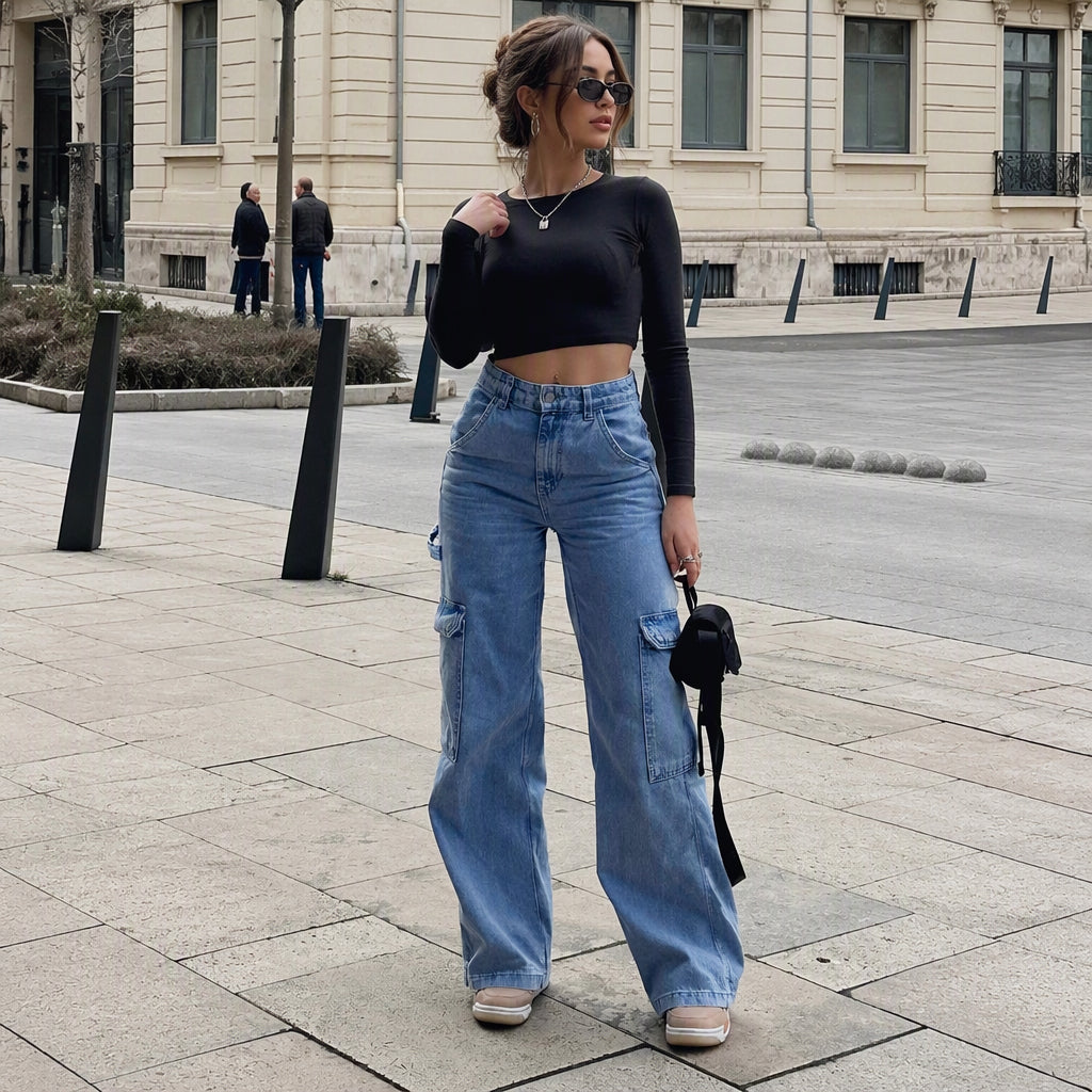 Pantalon cargo en denim stretch taille haute pour femme