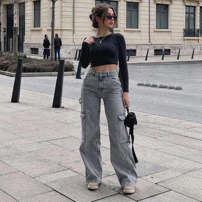 Pantalon cargo en denim stretch taille haute pour femme