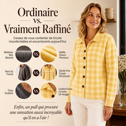 Pull en maille à carreaux et boutonnage pour femme