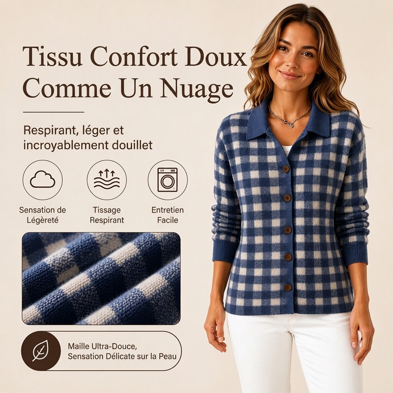 Pull en maille à carreaux et boutonnage pour femme