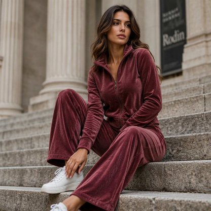 Ensemble blouson zippé et pantalon en similicuir daim pour femme