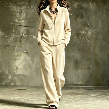 Ensemble blouson zippé et pantalon en similicuir daim pour femme