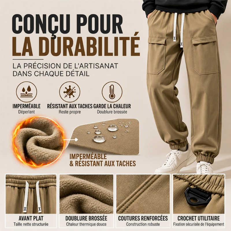 Pantalon cargo déperlant pour homme, doublure en peluche