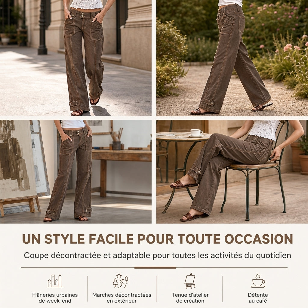 Pantalon à pattes d'éléphant utilitaire pour femme en coton mélangé lavé avec coutures contrastées
