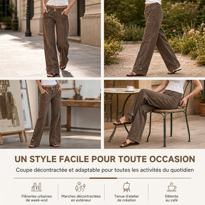 Pantalon à pattes d'éléphant utilitaire pour femme en coton mélangé lavé avec coutures contrastées