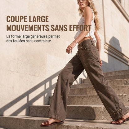 Pantalon à pattes d'éléphant utilitaire pour femme en coton mélangé lavé avec coutures contrastées