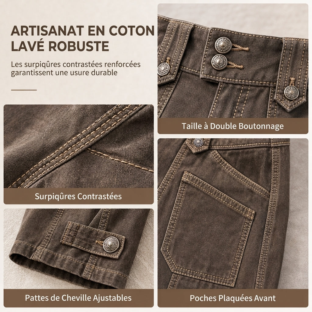 Pantalon à pattes d'éléphant utilitaire pour femme en coton mélangé lavé avec coutures contrastées