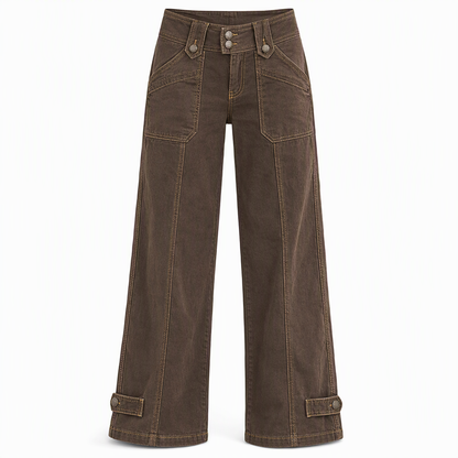Pantalon à pattes d'éléphant utilitaire pour femme en coton mélangé lavé avec coutures contrastées
