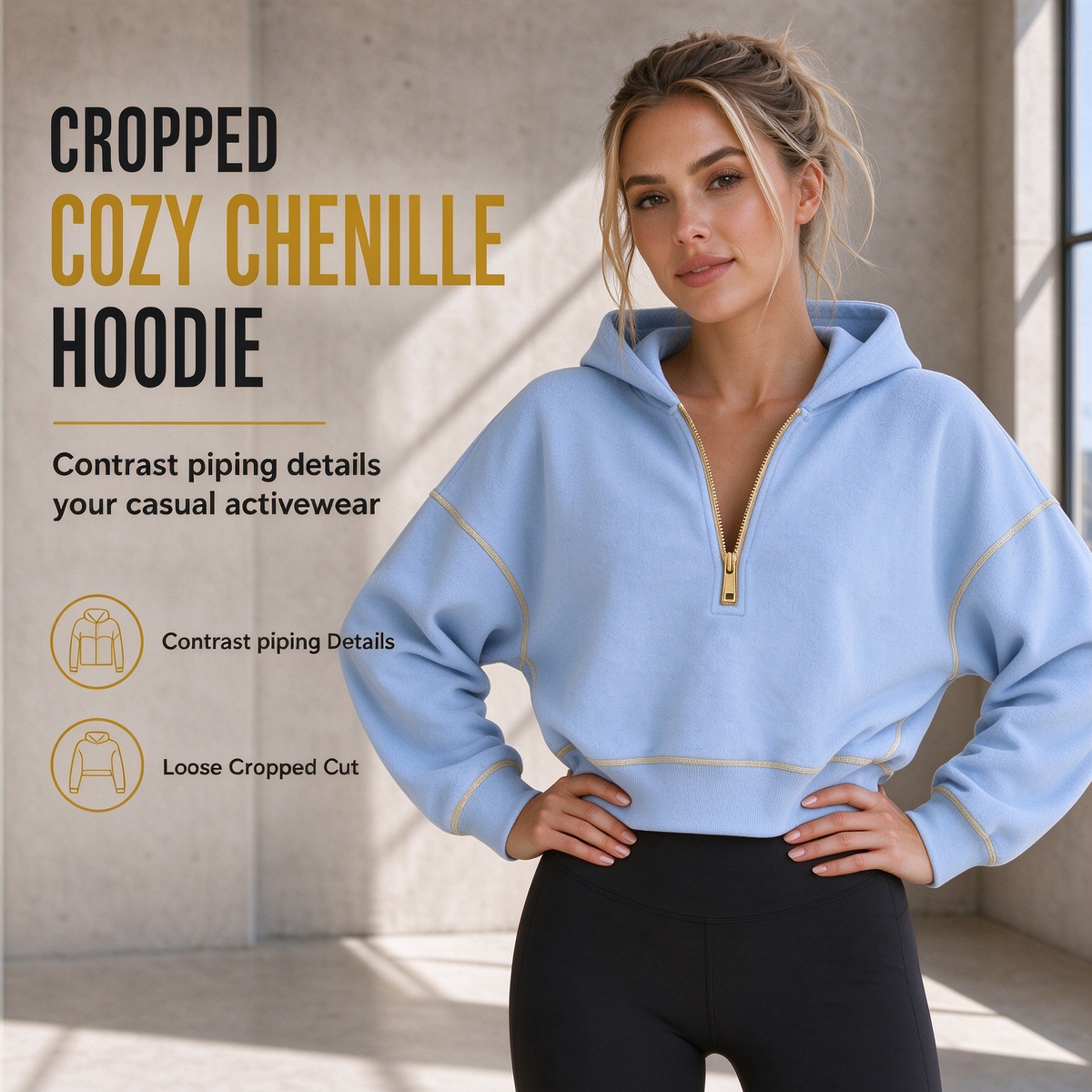 Sweat-shirt court à capuche et fermeture éclair pour femme, avec bordures contrastées, manches longues, coupe ample, couleur unie, style décontracté, idéal pour l'automne et l'hiver