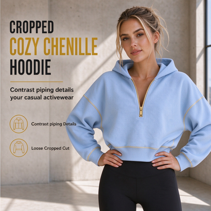 Sweat-shirt court à capuche et fermeture éclair pour femme, avec bordures contrastées, manches longues, coupe ample, couleur unie, style décontracté, idéal pour l'automne et l'hiver