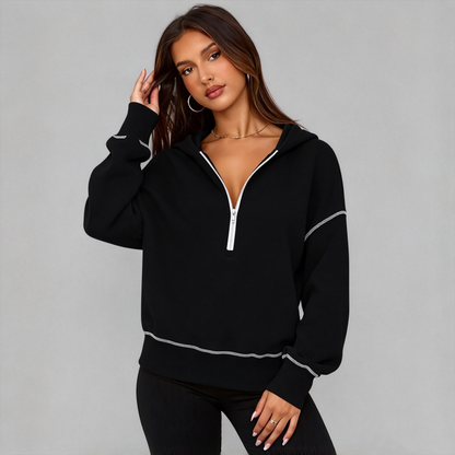 Sweat-shirt court à capuche et fermeture éclair pour femme, avec bordures contrastées, manches longues, coupe ample, couleur unie, style décontracté, idéal pour l'automne et l'hiver