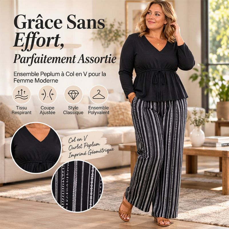 Ensemble Femme Top Volant à Col V et Pantalon à Rayures