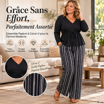 Ensemble Femme Top Volant à Col V et Pantalon à Rayures