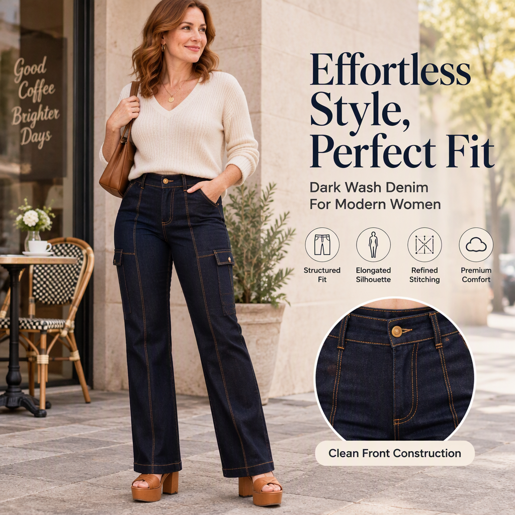 Jeans à jambe large à taille haute avec coutures contrastées pour femmes