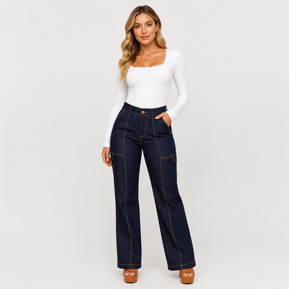 Jeans à jambe large à taille haute avec coutures contrastées pour femmes