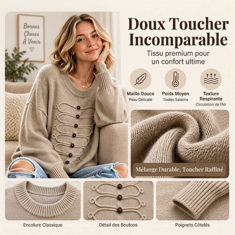 Pull Femme Élégant à Col Rond et Torsades