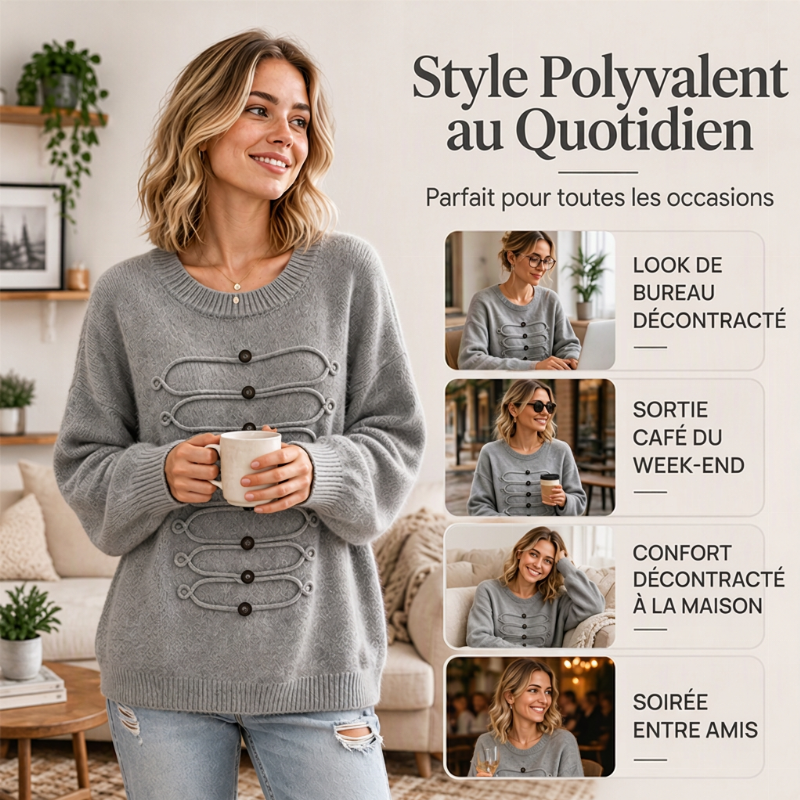Pull Femme Élégant à Col Rond et Torsades