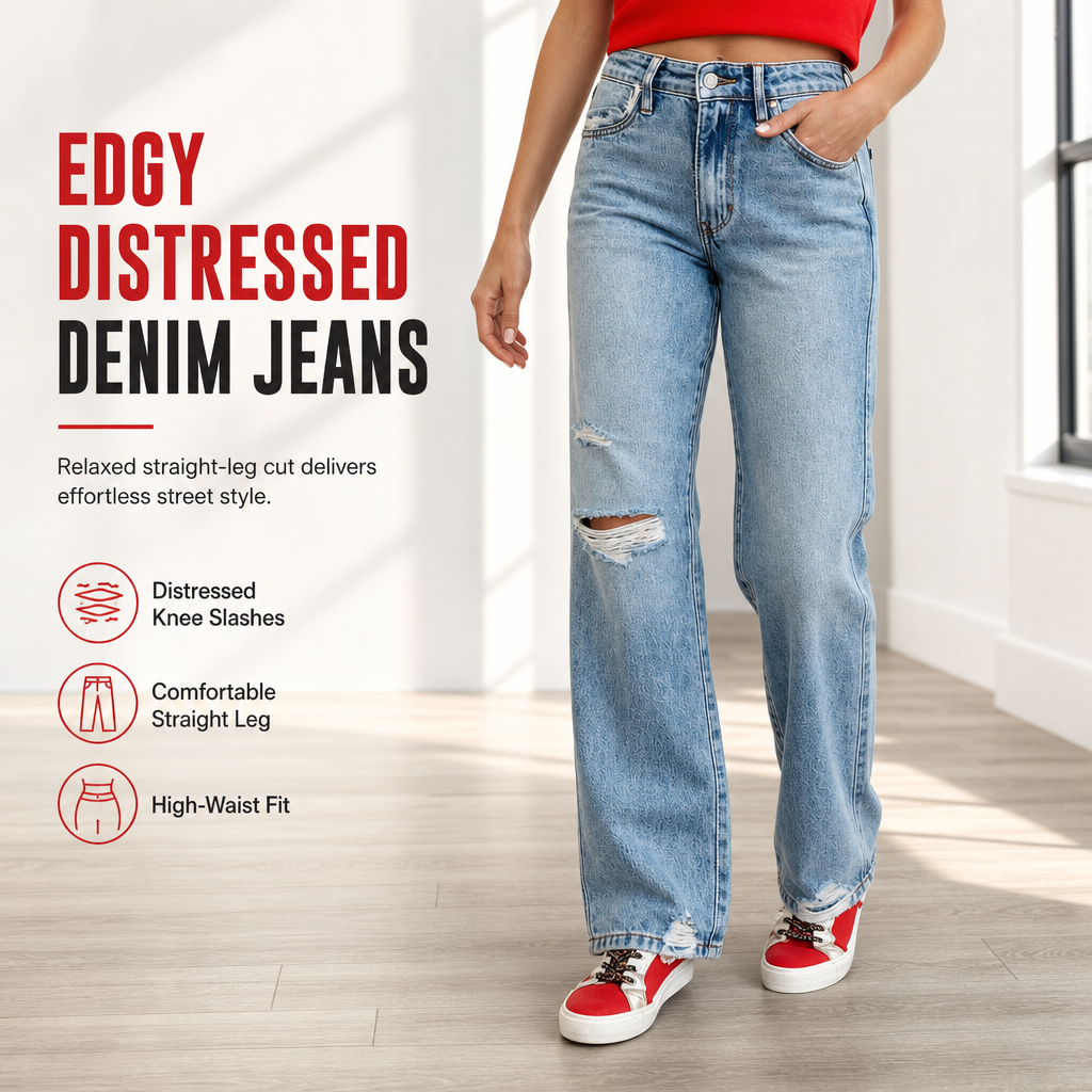 Jean en denim déchiré à taille haute et jambe large pour femme, pantalon droit détressé