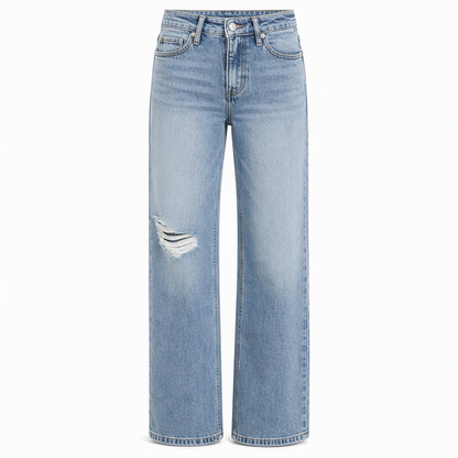 Jean en denim déchiré à taille haute et jambe large pour femme, pantalon droit détressé