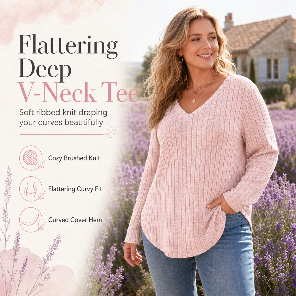 T-shirt col V à manches longues en maille côtelée brossée pour femme grande taille, coupe ample, pull unicolore