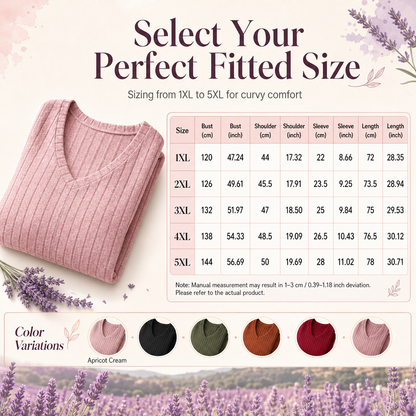 T-shirt col V à manches longues en maille côtelée brossée pour femme grande taille, coupe ample, pull unicolore