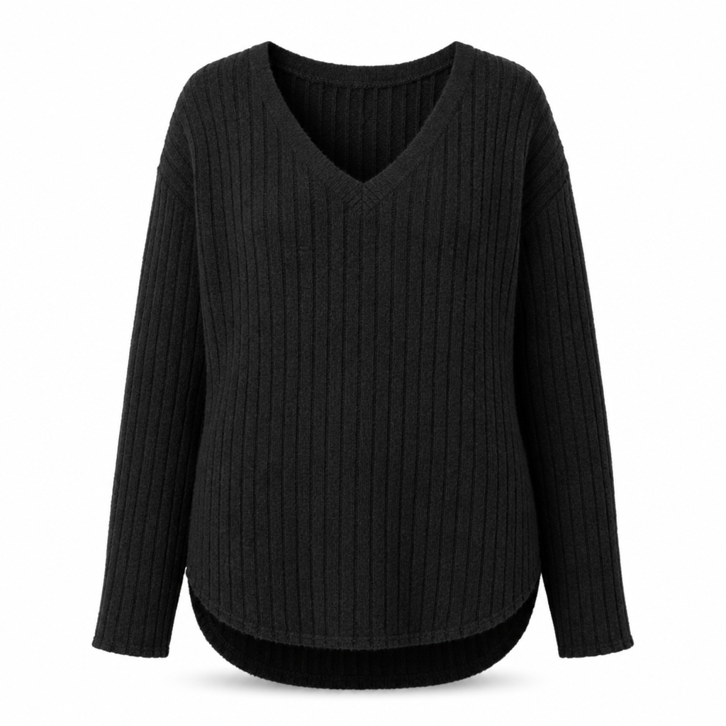 T-shirt col V à manches longues en maille côtelée brossée pour femme grande taille, coupe ample, pull unicolore