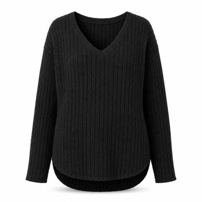 T-shirt col V à manches longues en maille côtelée brossée pour femme grande taille, coupe ample, pull unicolore