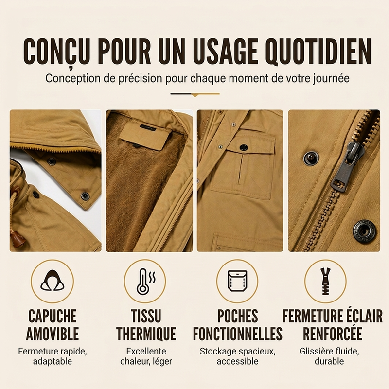 Veste d'hiver thermique pour hommes avec capuche amovible