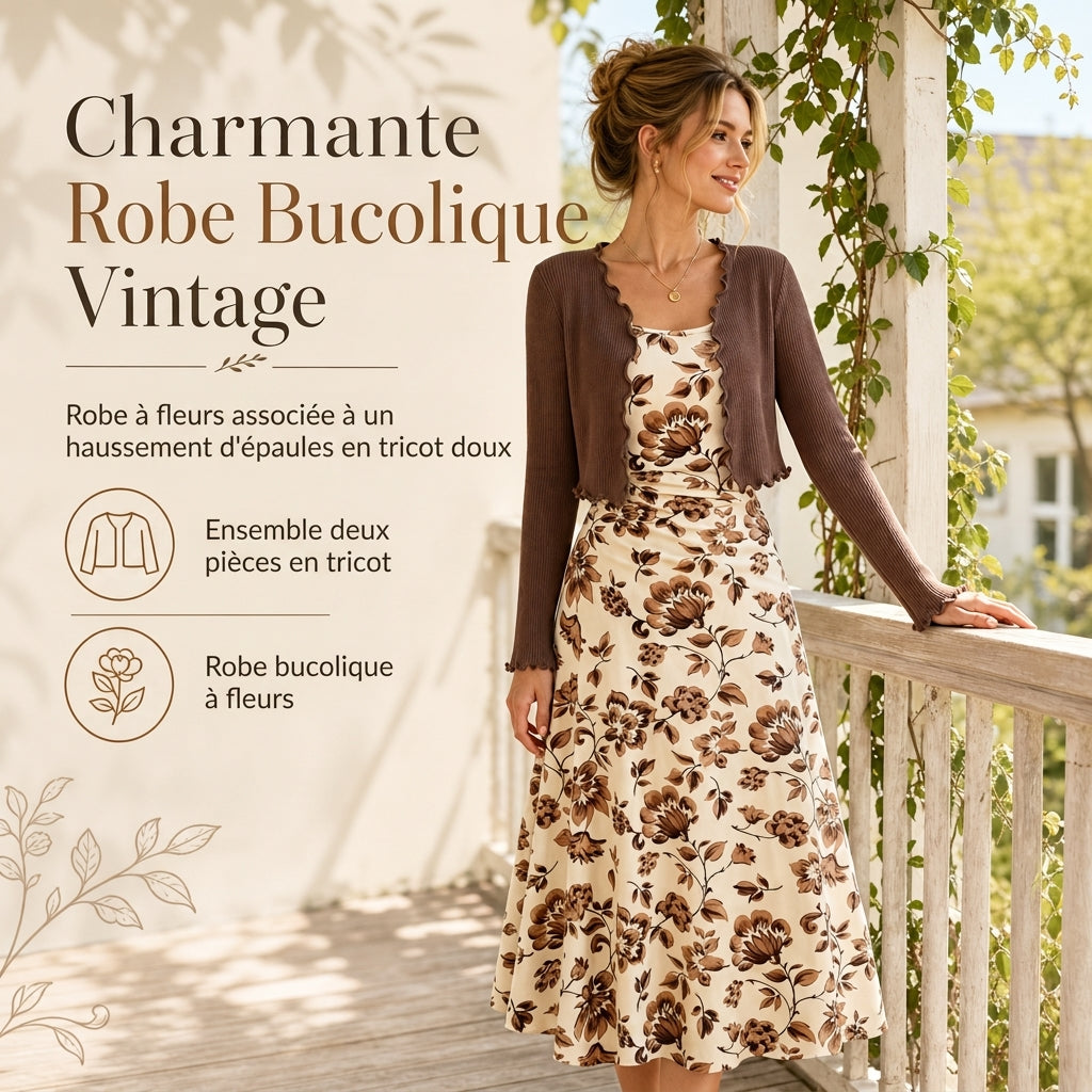 Ensemble 2 pièces pour femmes : robe à bretelles florale vintage et cardigan court en maille côtelée