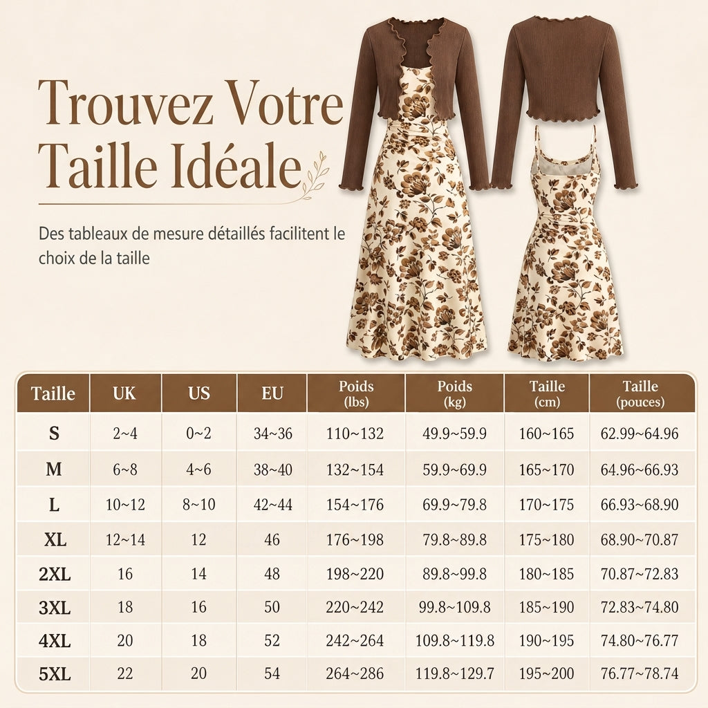 Ensemble 2 pièces pour femmes : robe à bretelles florale vintage et cardigan court en maille côtelée