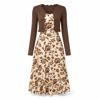Ensemble 2 pièces pour femmes : robe à bretelles florale vintage et cardigan court en maille côtelée